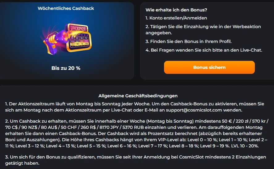 Cashback-Angebot im CosmicSlotz Casino mit Bonusbedingungen
