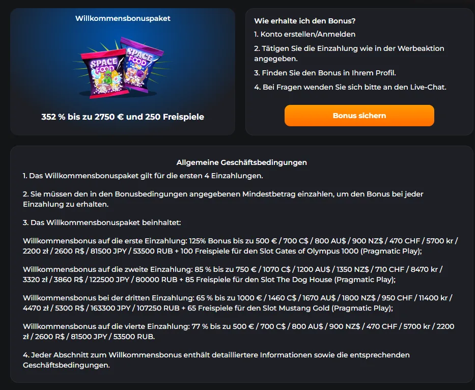 Willkommensbonus von CosmicSlotz Casino mit Bonusbetrag, Freispielen und Teilnahmebedingungen