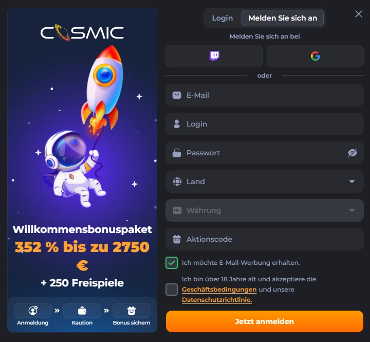 Registrierungsformular im CosmicSlotz Casino mit Anmeldung über E-Mail, Google oder Twitch