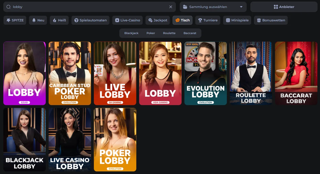Live-Casino-Lobby im CosmicSlotz Casino mit Roulette, Blackjack und Baccarat