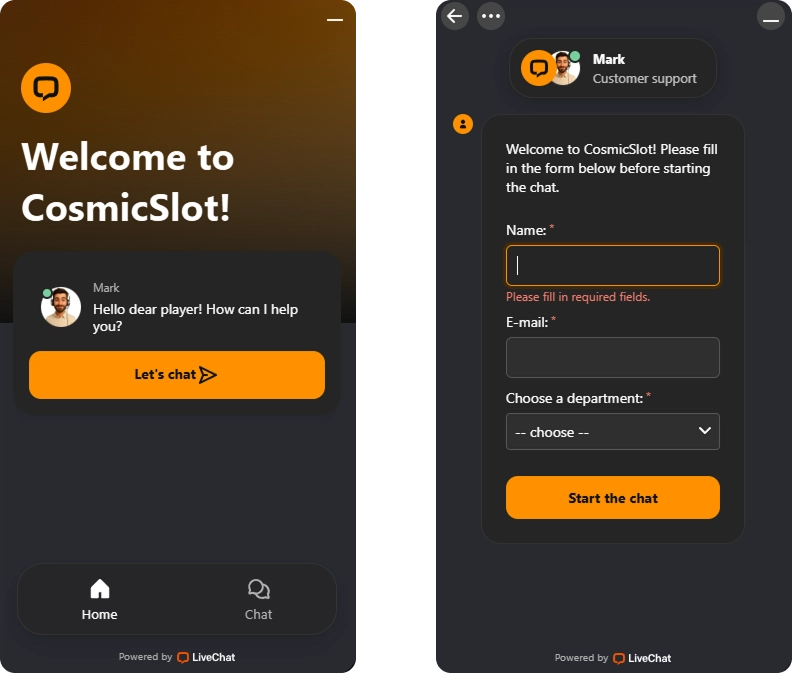 Live-Chat des CosmicSlotz Casino mit rund um die Uhr erreichbarem Kundensupport
