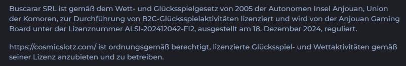 Lizenzinformationen des CosmicSlotz Casino nach Anjouan-Gaming-Lizenz