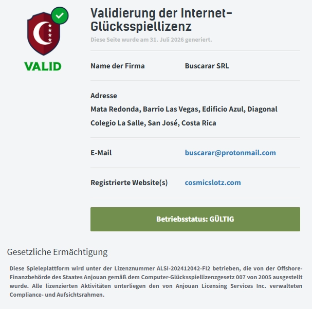 Validierung der Anjouan-Lizenz für das CosmicSlotz Casino