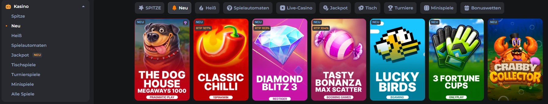 Spielkategorien im CosmicSlotz Casino mit Bereichen wie Neu, Spielautomaten, Live-Casino, Jackpot und Minispiele